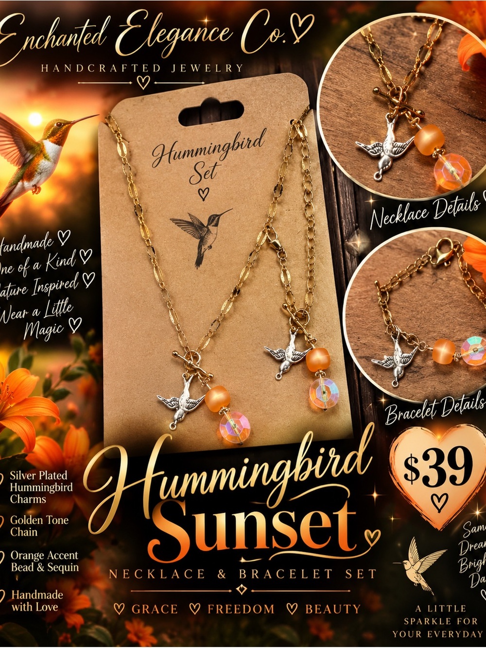 HummingbirdSunset Necklace & Bracelet Set with Orange Accented Bracelet